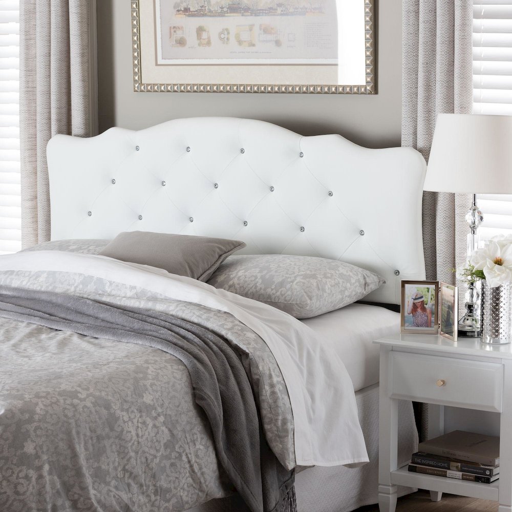 Full Size White Faux Leather Upholstered Button-tufted Scalloped Headboard. Picture 2