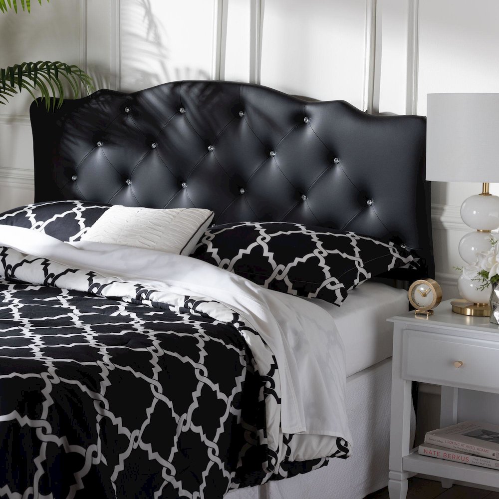 Queen Size Black Faux Leather Upholstered Button-tufted Scalloped Headboard. Picture 2