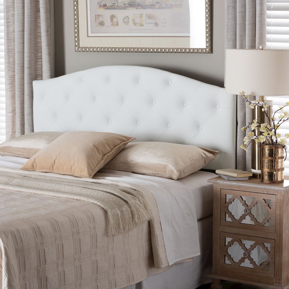 Queen Size White Faux Leather Upholstered Button-tufted Scalloped Headboard. Picture 1