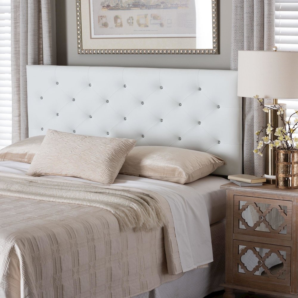 White Faux Leather Upholstered Button-tufted Queen Size Headboard. Picture 1