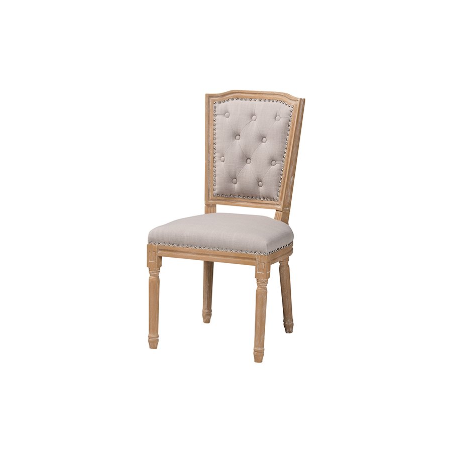 Cottage Weathered Oak Beige Fabric Button-tufted Upholstered Dining Chair. Picture 19