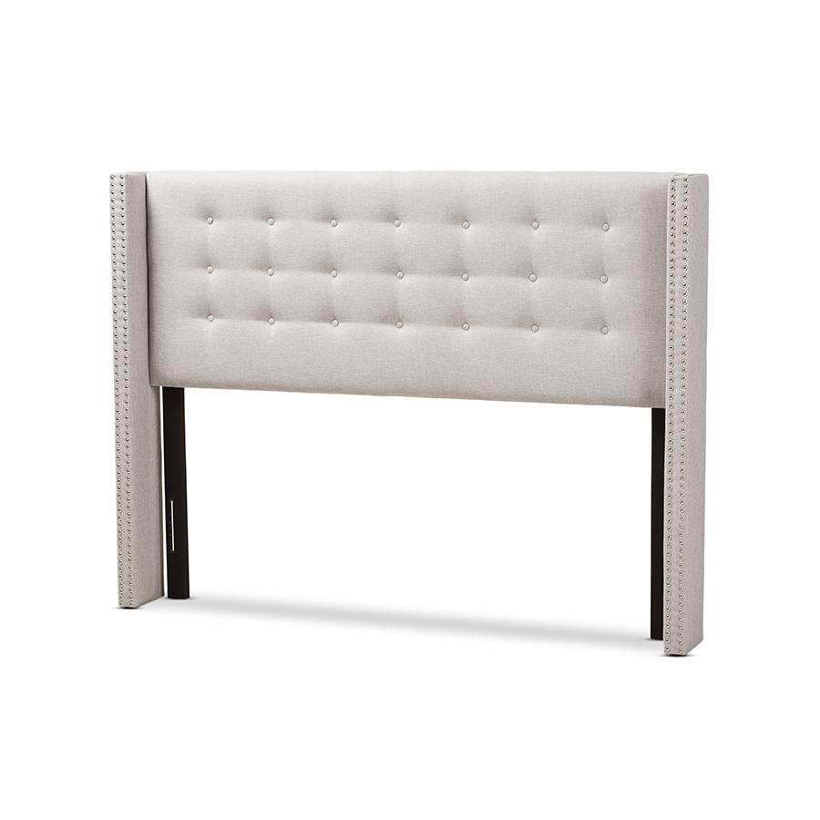 Greyish Beige Fabric Button-Tufted Nail head King Size Winged Headboard. Picture 1