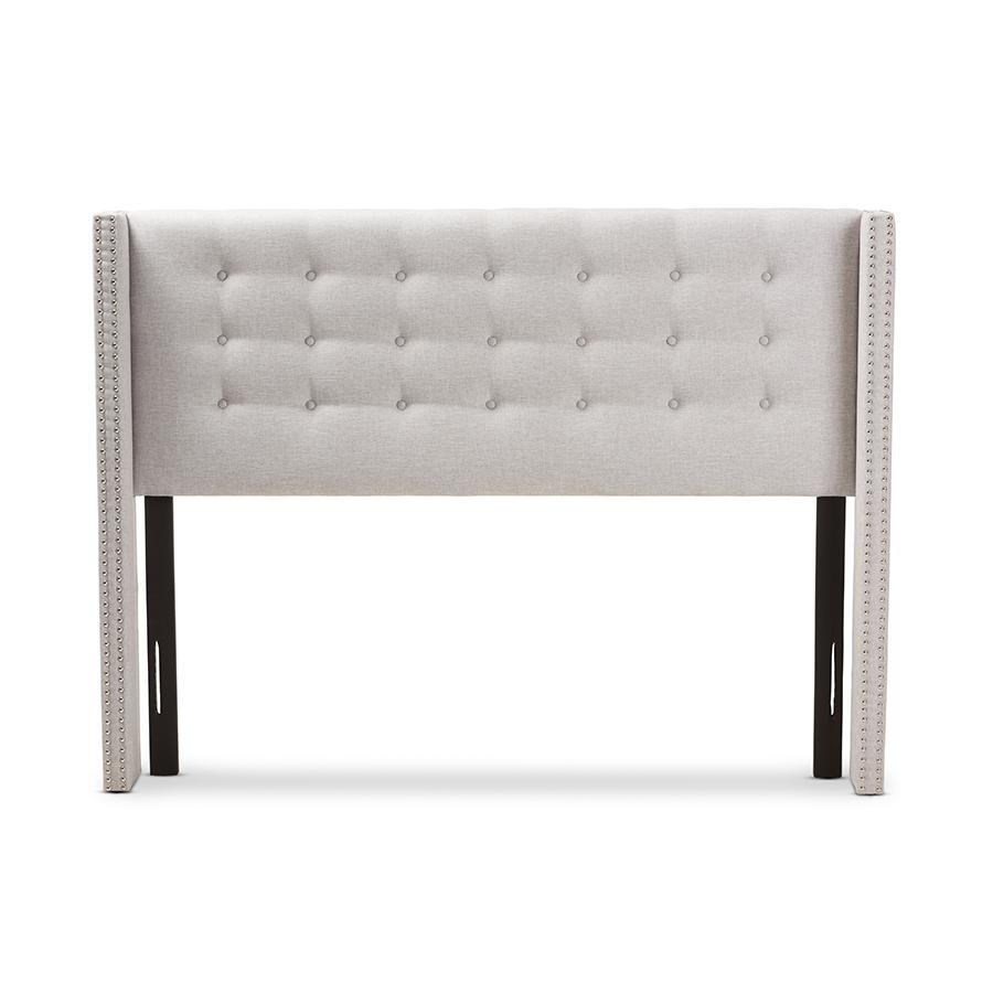 Greyish Beige Fabric Button-Tufted Nail head King Size Winged Headboard. Picture 2