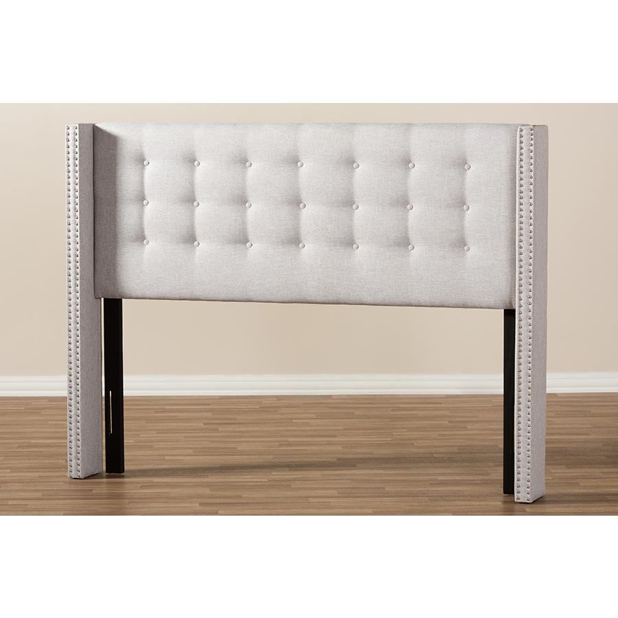 Greyish Beige Fabric Button-Tufted Nail head King Size Winged Headboard. Picture 5