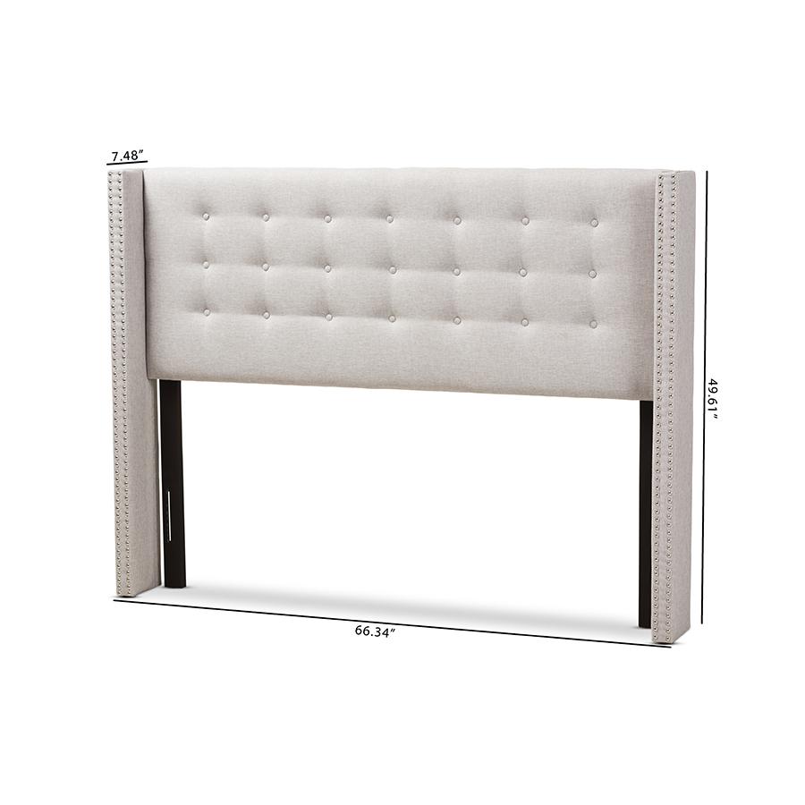Greyish Beige Fabric Button-Tufted Nail head King Size Winged Headboard. Picture 6