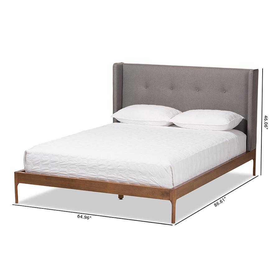 Brooklyn Mid-Century Modern Walnut Wood Grey Fabric King Size Platform Bed. Picture 10