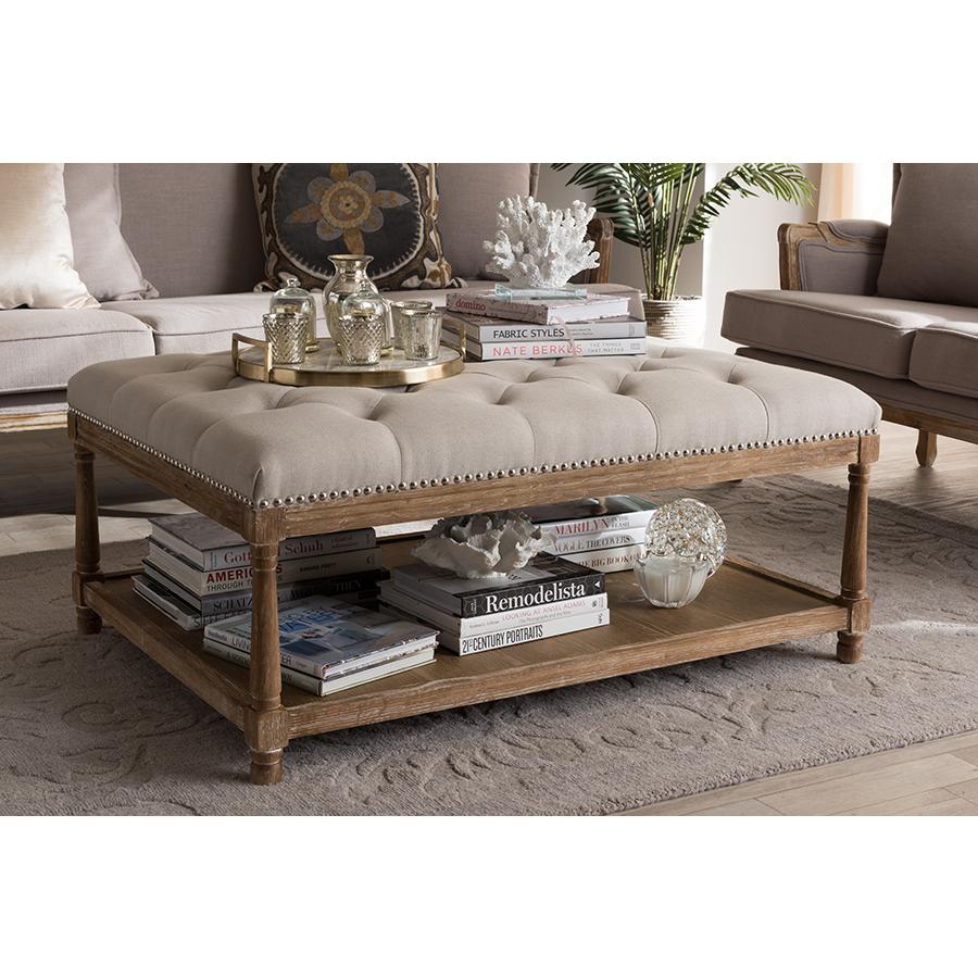 Country Weathered Oak Beige Linen Rectangular Coffee Table Ottoman. Picture 17