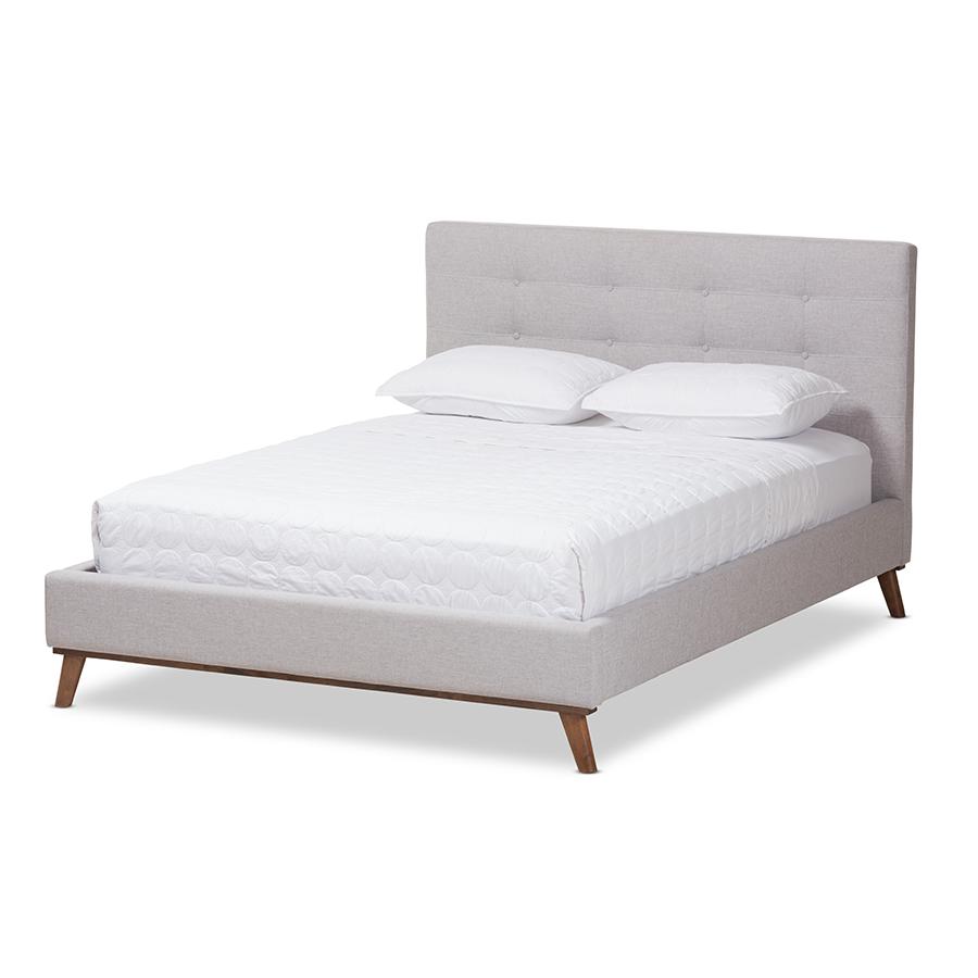 Valencia Mid-Century Modern Greyish Beige Fabric Queen Size Platform Bed. Picture 1