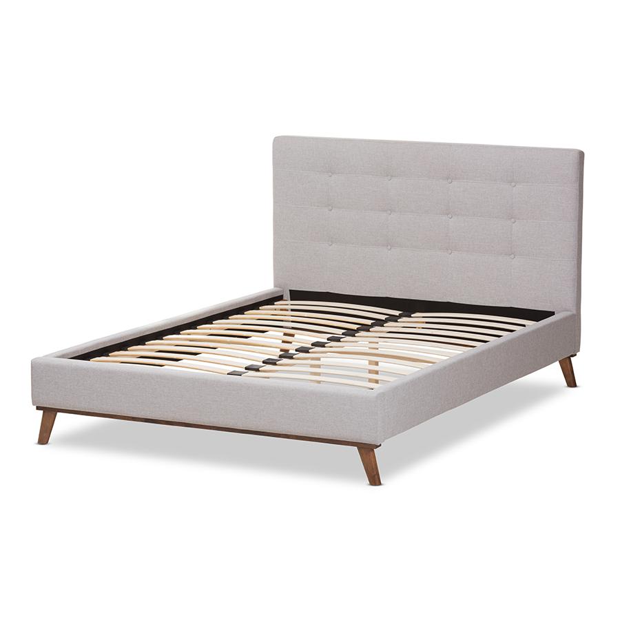 Valencia Mid-Century Modern Greyish Beige Fabric Queen Size Platform Bed. Picture 3