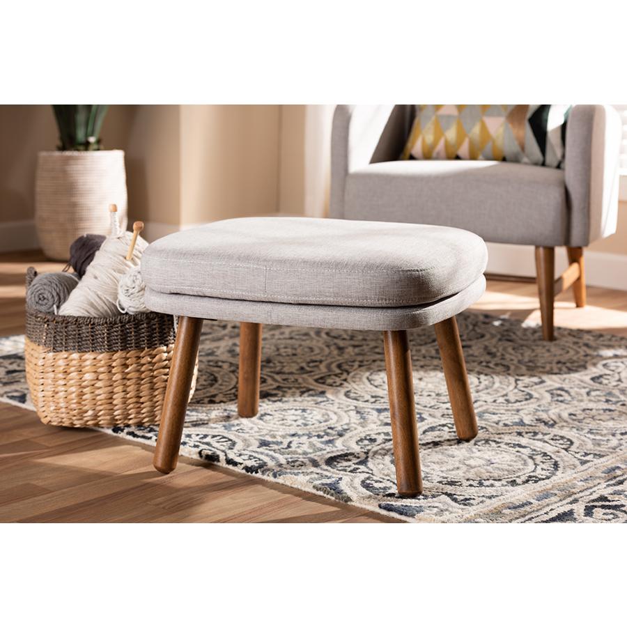 Greyish Beige Fabric Upholstered Walnut Brown Finished Wood Ottoman. Picture 15