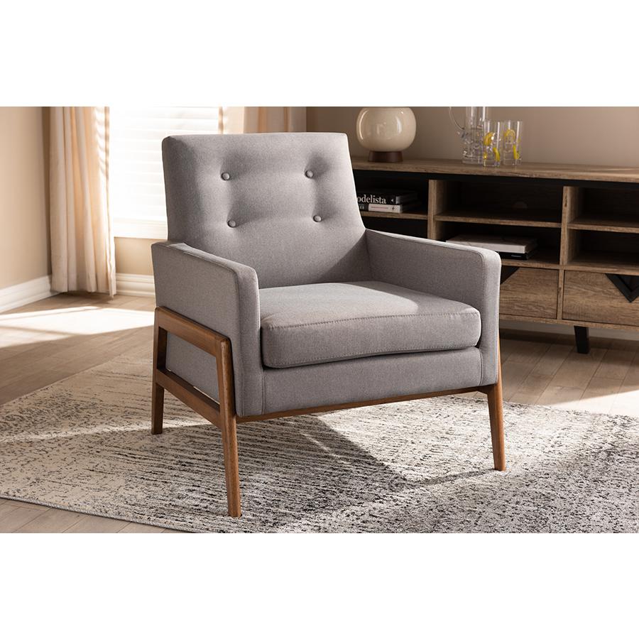 Perris Mid-Century Modern Grey Fabric Upholstered Walnut Wood Lounge Chair. Picture 17