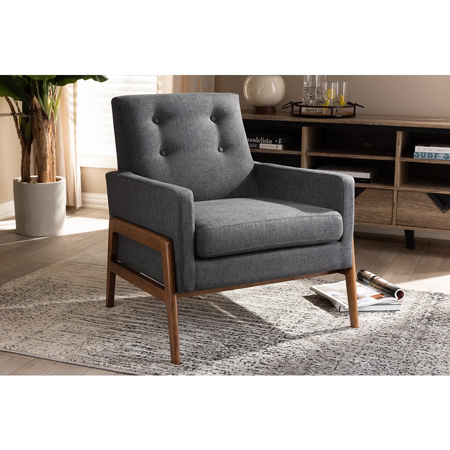 Perris Mid-Century Modern Dark Grey Fabric Upholstered Walnut Wood Lounge Chair. Picture 17