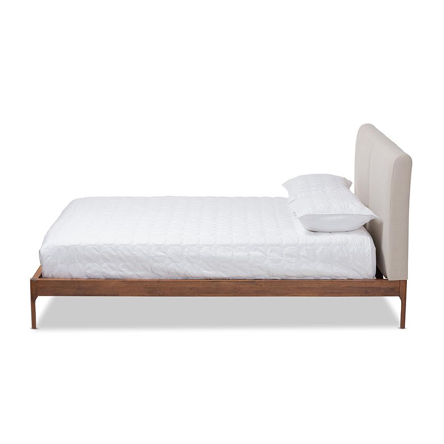 Beige Fabric Upholstered Walnut Finished Queen Size Platform Bed. Picture 2