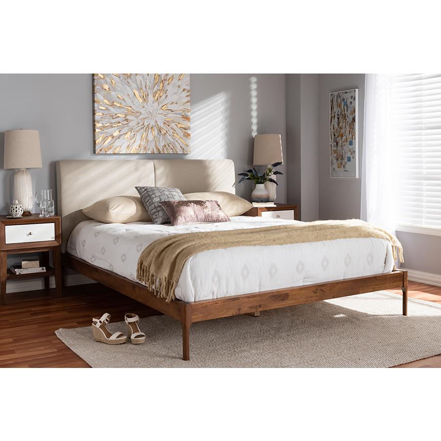 Aveneil Mid-Century Modern Beige Fabric Upholstered Walnut Finished King Size Platform Bed. Picture 6