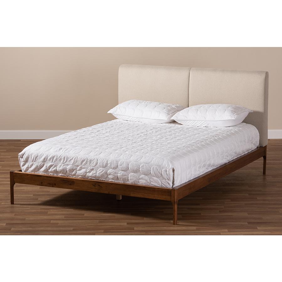 Beige Fabric Upholstered Walnut Finished Queen Size Platform Bed. Picture 7