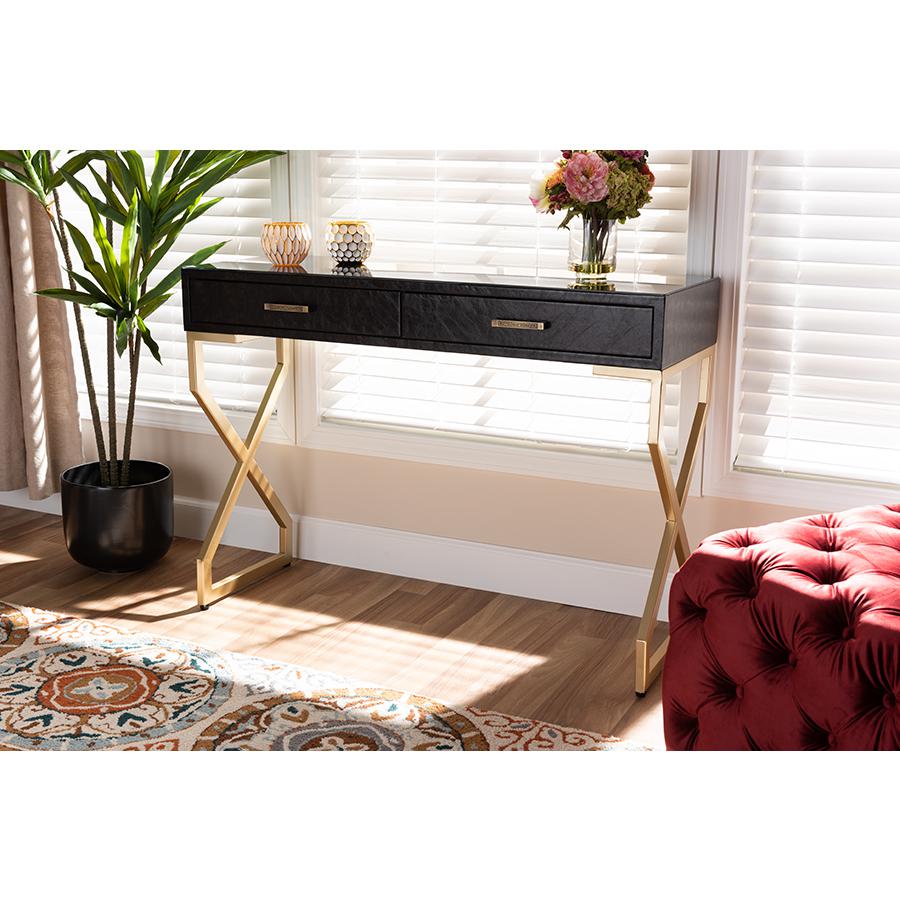Dark Brown Faux Leather Upholstered Gold Finished 2-Drawer Console Table. Picture 21
