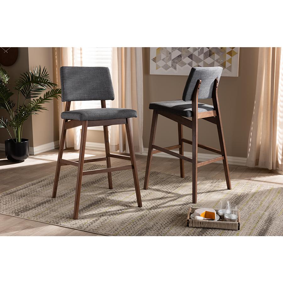 Dark Gray Fabric Upholstered and Walnut-Finished Wood Bar Stool Set of 2. Picture 15