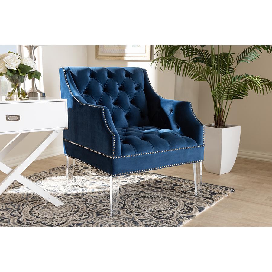Navy Velvet Fabric Upholstered Lounge Chair with Acrylic Legs. Picture 19