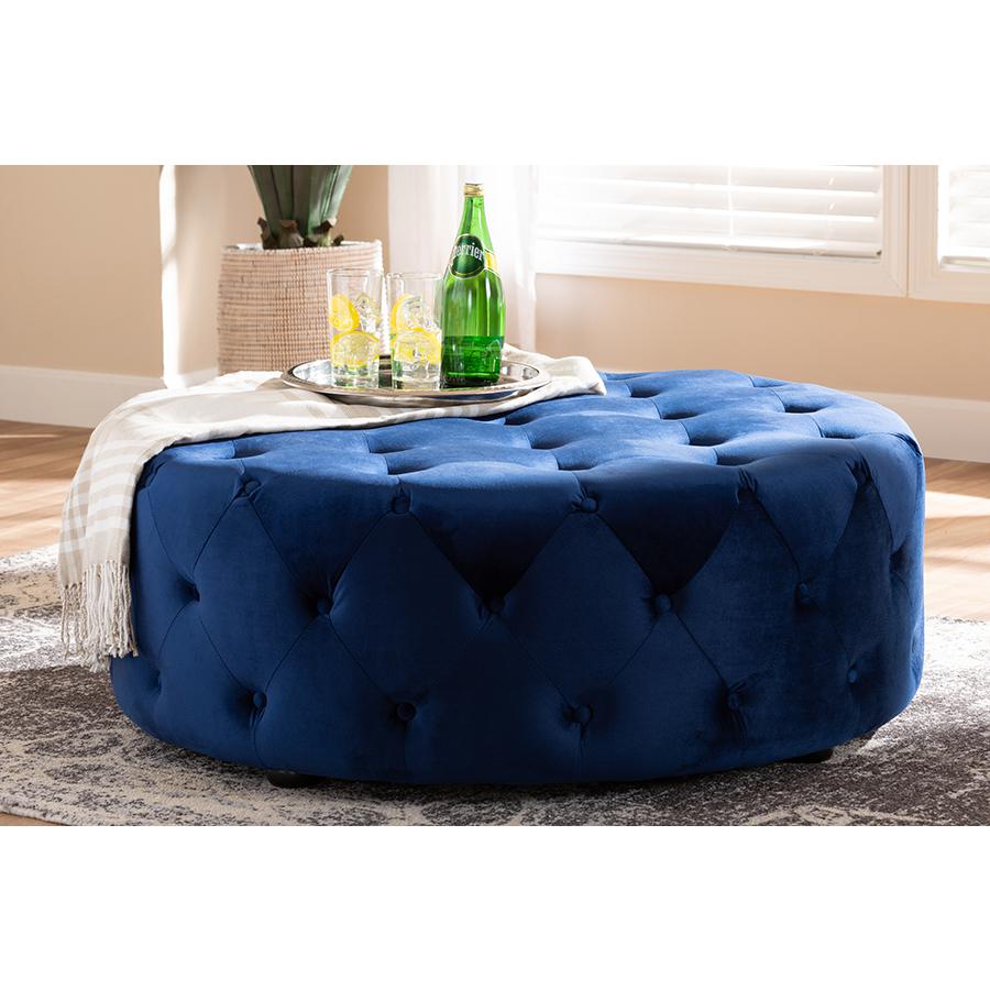 Transitional Royal Blue Velvet Fabric Upholstered Button Tufted Cocktail Ottoman. Picture 11