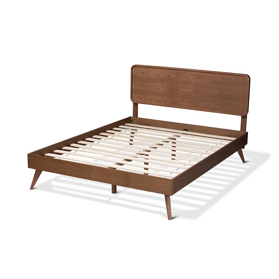 Demeter Mid-Century Modern Walnut Brown Finished Wood Queen Size Platform Bed. Picture 3