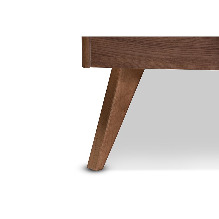 Demeter Mid-Century Modern Walnut Brown Finished Wood Queen Size Platform Bed. Picture 5