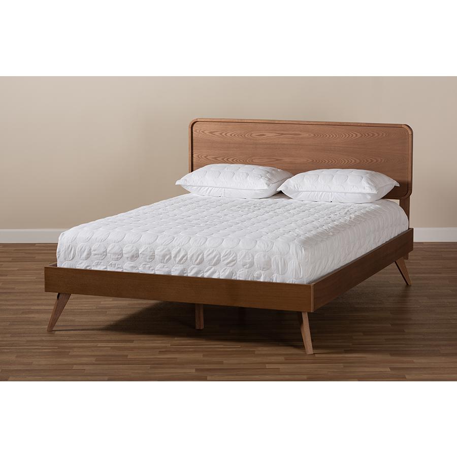 Demeter Mid-Century Modern Walnut Brown Finished Wood Queen Size Platform Bed. Picture 7