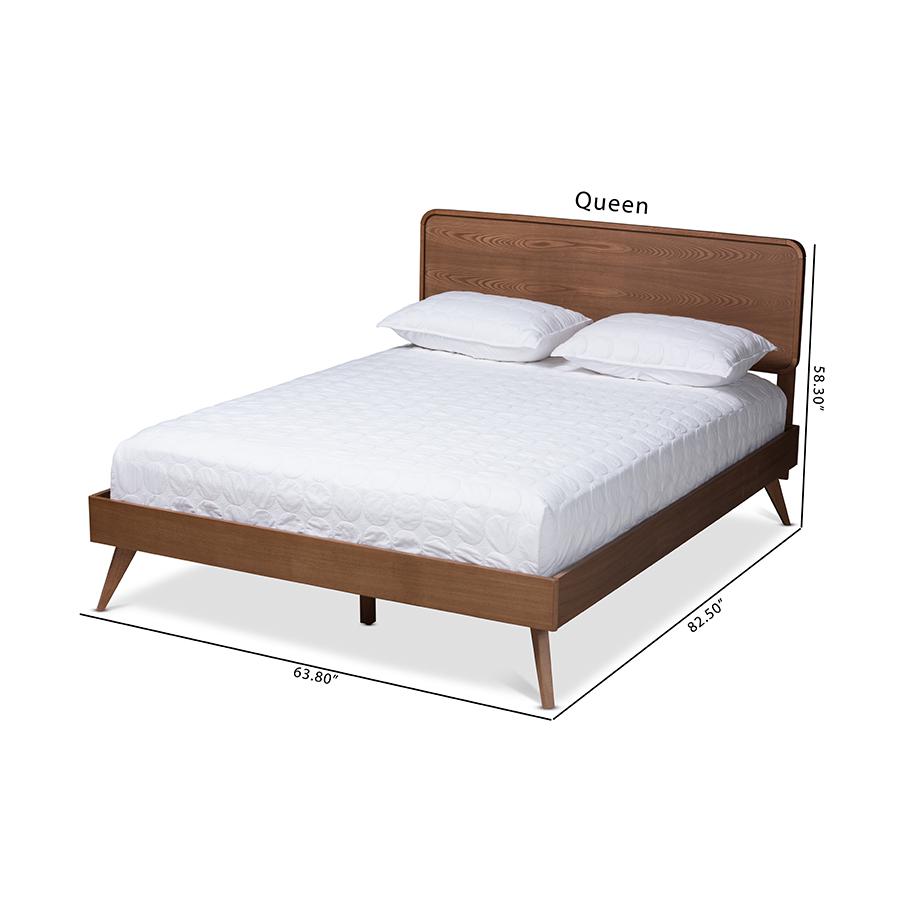Demeter Mid-Century Modern Walnut Brown Finished Wood Queen Size Platform Bed. Picture 9