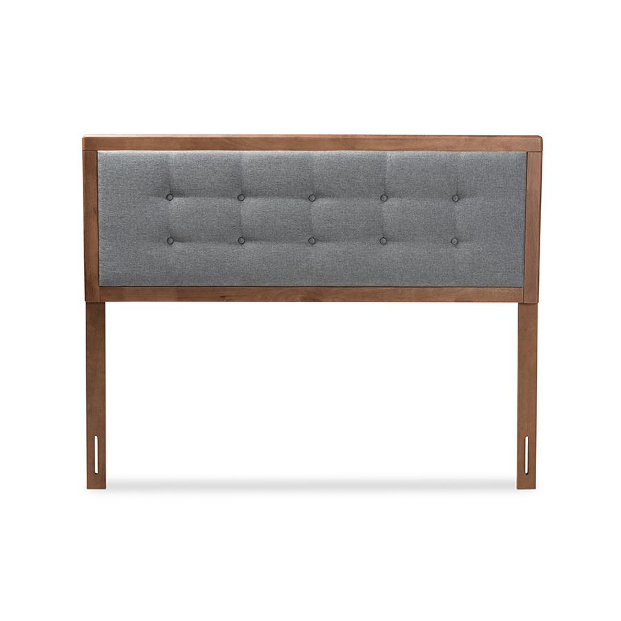 Dark Grey Fabric Upholstered Walnut Brown Finished Wood Queen Size Headboard. Picture 2