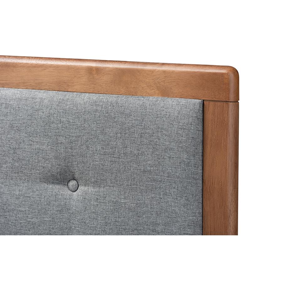 Dark Grey Fabric Upholstered Walnut Brown Finished Wood Queen Size Headboard. Picture 3