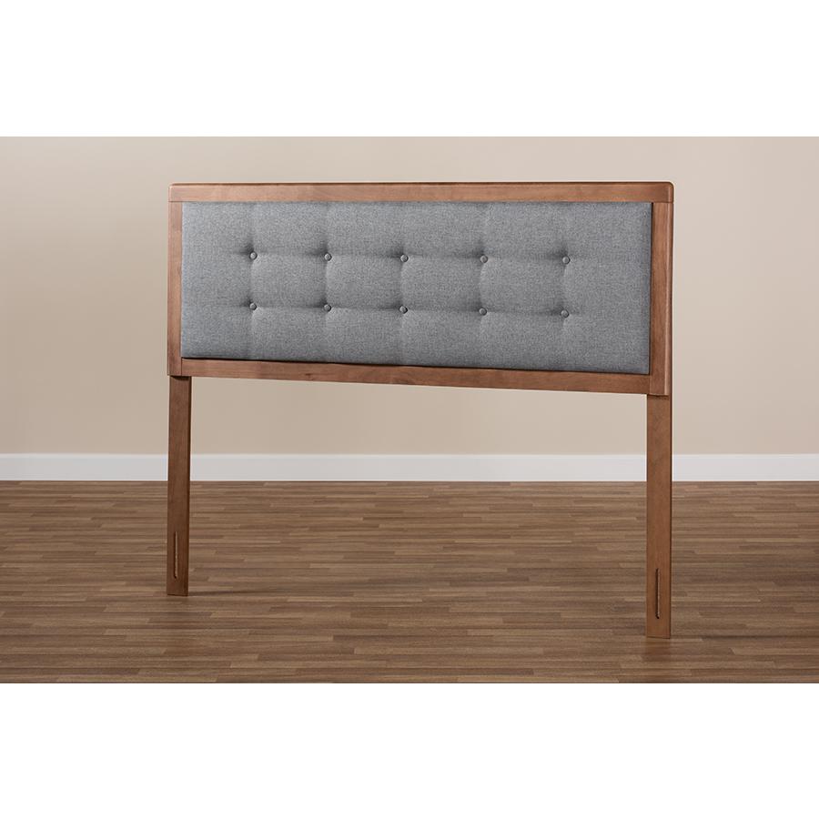 Dark Grey Fabric Upholstered Walnut Brown Finished Wood Queen Size Headboard. Picture 5