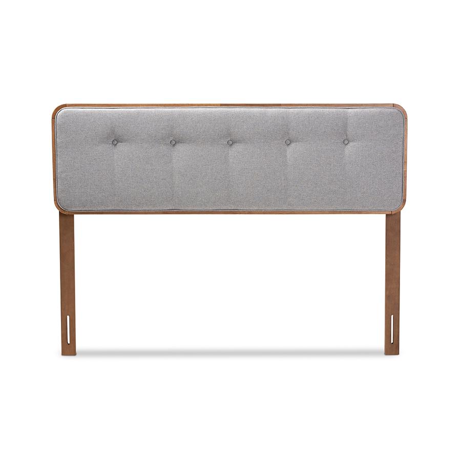 Light Grey Fabric Upholstered Walnut Brown Finished Wood Queen Size Headboard. Picture 2