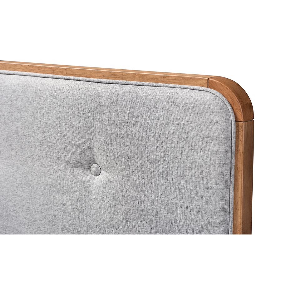 Light Grey Fabric Upholstered Walnut Brown Finished Wood Queen Size Headboard. Picture 3