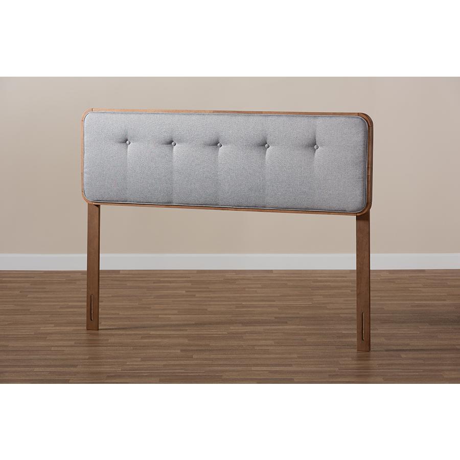 Light Grey Fabric Upholstered Walnut Brown Finished Wood Queen Size Headboard. Picture 5