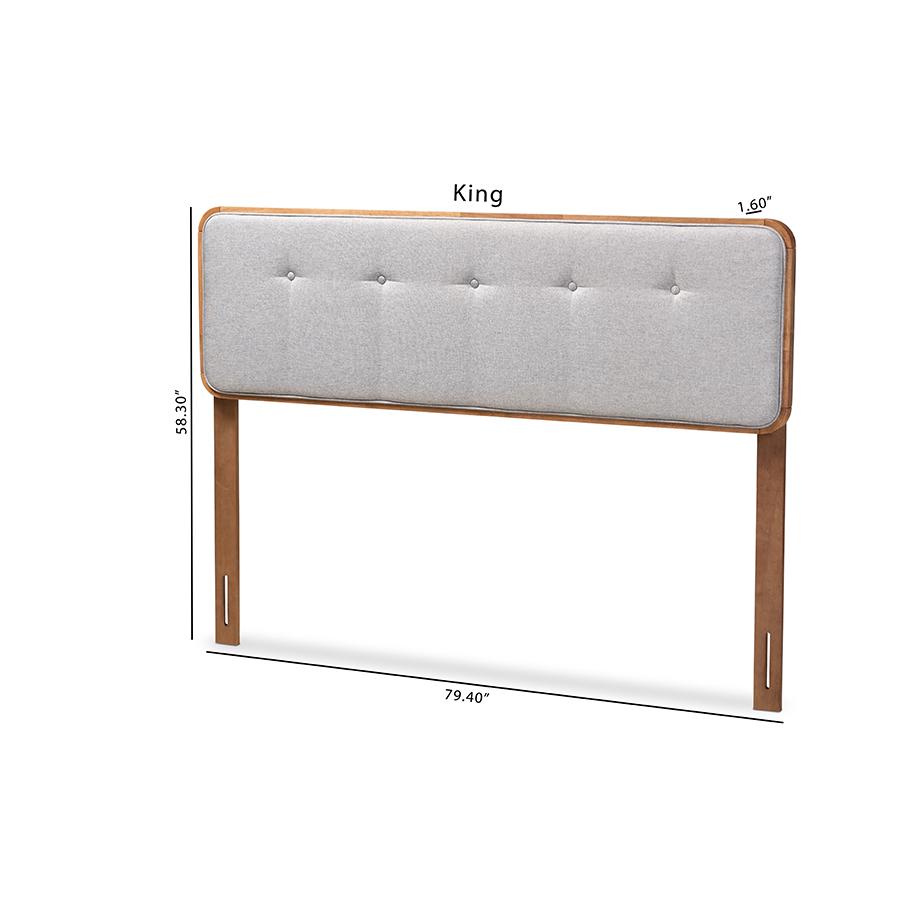 Light Grey Fabric Upholstered Walnut Brown Finished Wood Queen Size Headboard. Picture 8