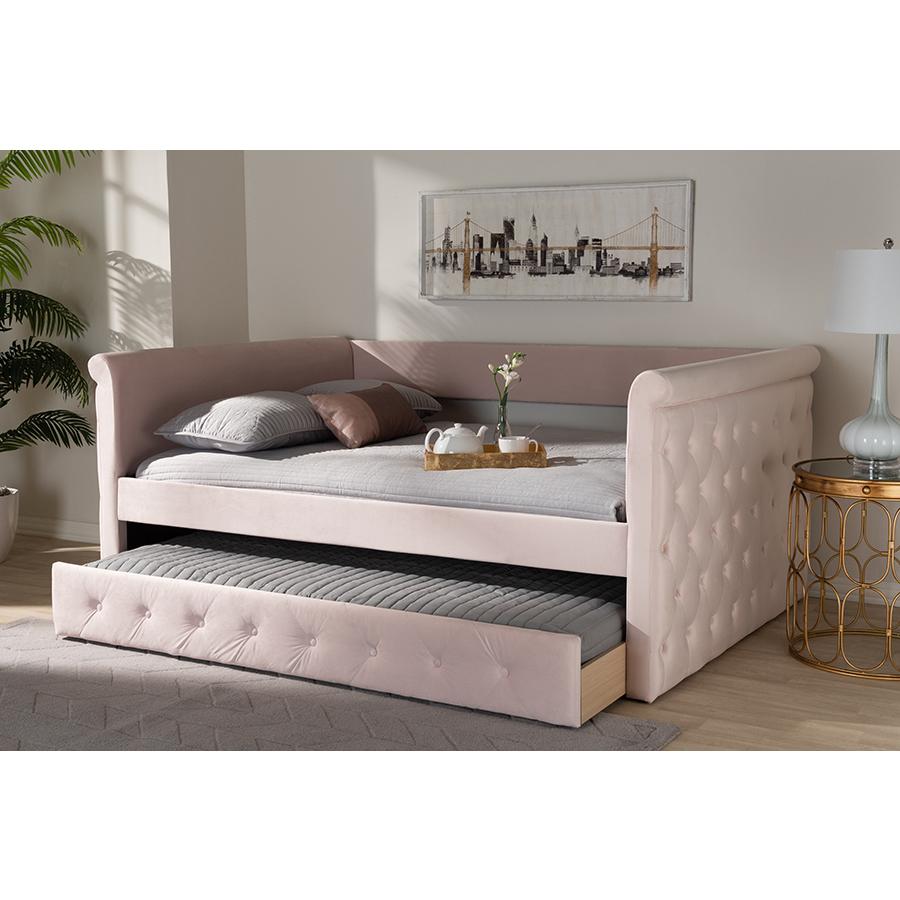 Light Pink Velvet Fabric Upholstered Full Size Daybed with Trundle. Picture 25
