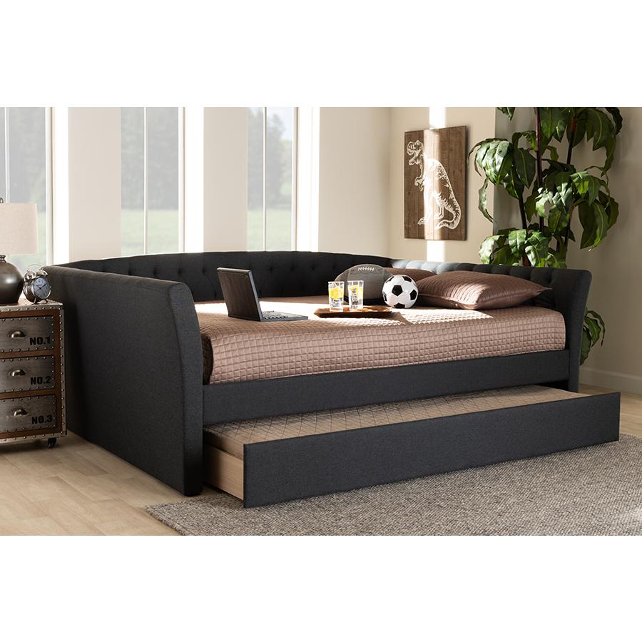 Dark Grey Fabric Upholstered Full Size Daybed with Roll-Out Trundle Bed. Picture 23