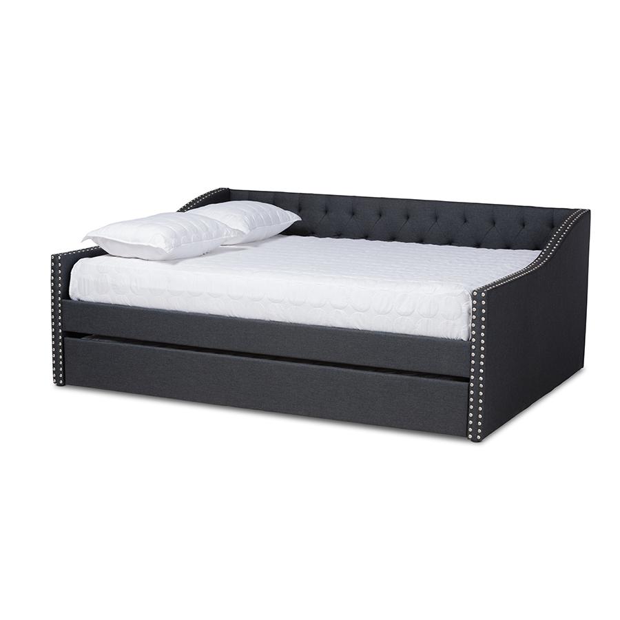 Dark Grey Fabric Upholstered Queen Size Daybed with Roll-Out Trundle Bed. Picture 1