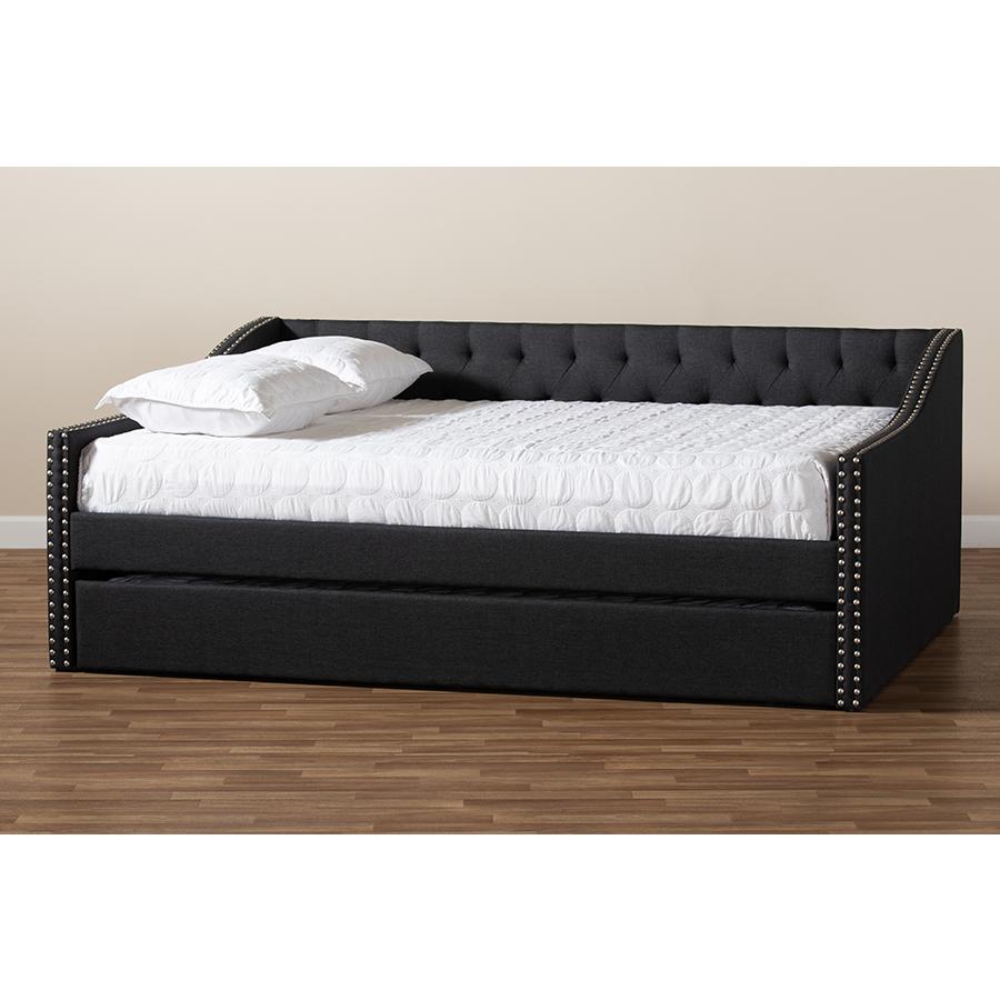 Dark Grey Fabric Upholstered Queen Size Daybed with Roll-Out Trundle Bed. Picture 11