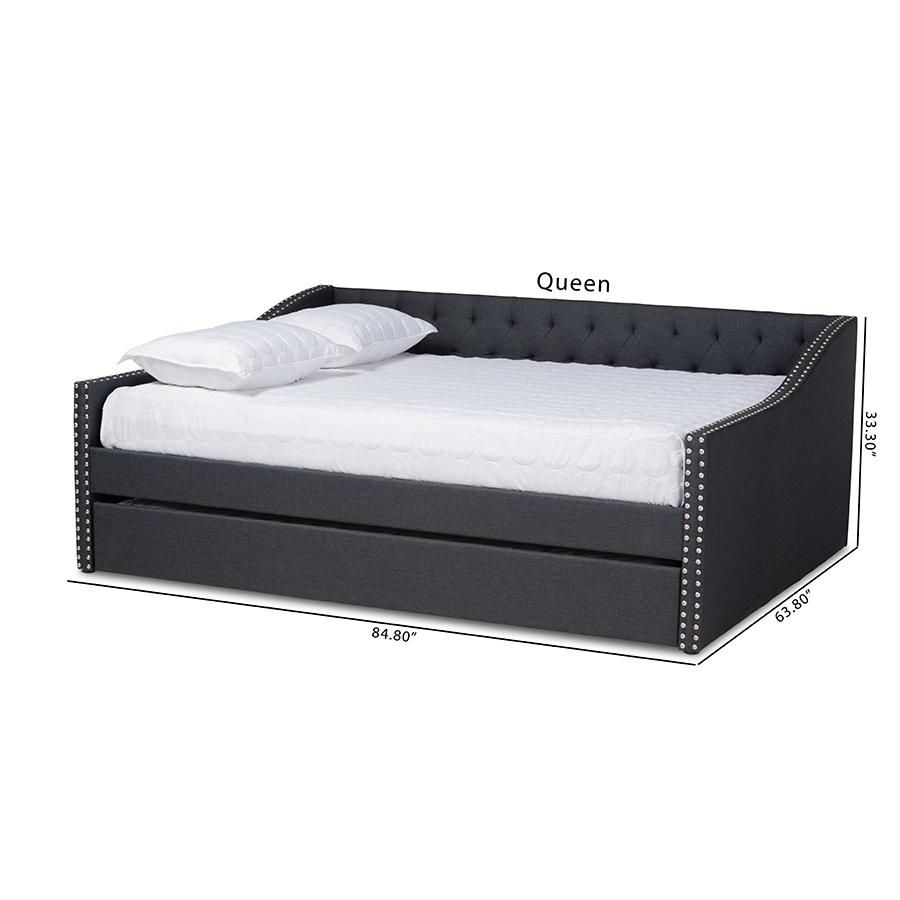 Dark Grey Fabric Upholstered Queen Size Daybed with Roll-Out Trundle Bed. Picture 3