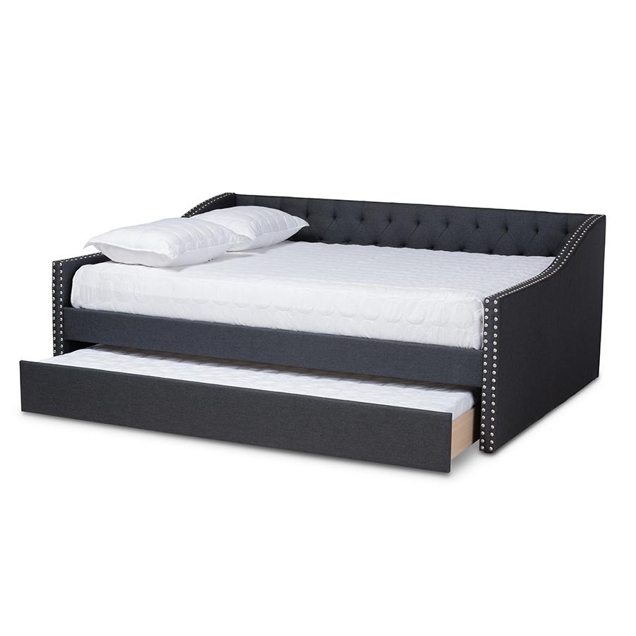 Dark Grey Fabric Upholstered Queen Size Daybed with Roll-Out Trundle Bed. Picture 2