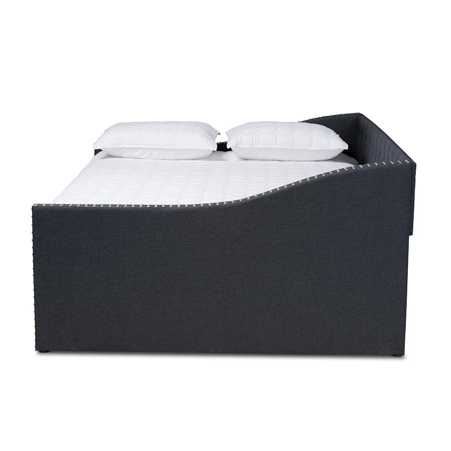 Dark Grey Fabric Upholstered Queen Size Daybed with Roll-Out Trundle Bed. Picture 4