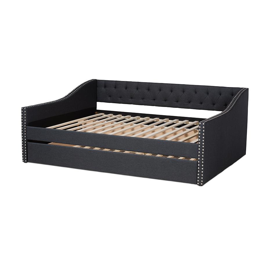 Dark Grey Fabric Upholstered Queen Size Daybed with Roll-Out Trundle Bed. Picture 5