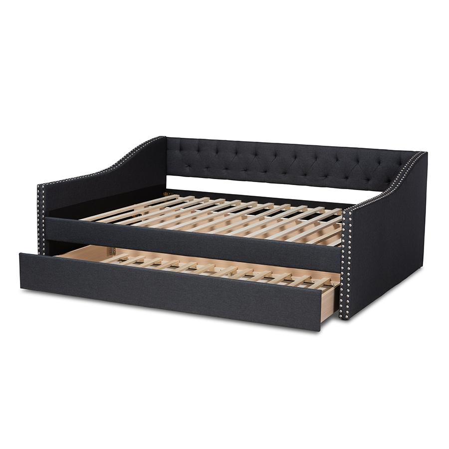 Dark Grey Fabric Upholstered Queen Size Daybed with Roll-Out Trundle Bed. Picture 6