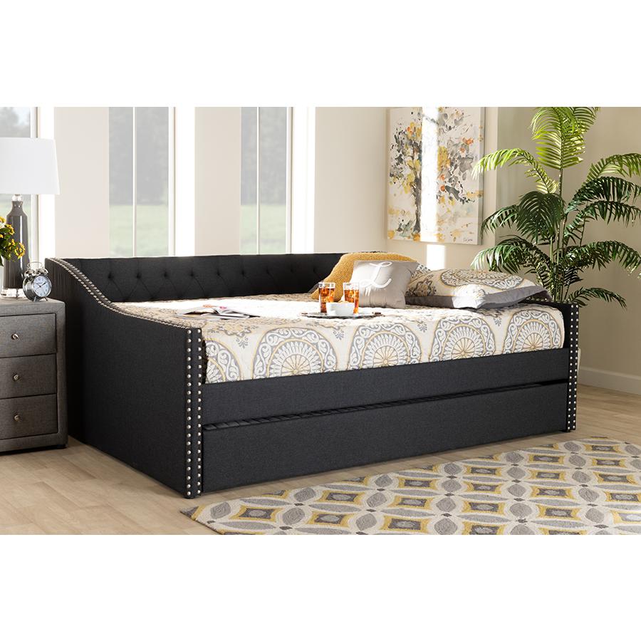 Dark Grey Fabric Upholstered Queen Size Daybed with Roll-Out Trundle Bed. Picture 9