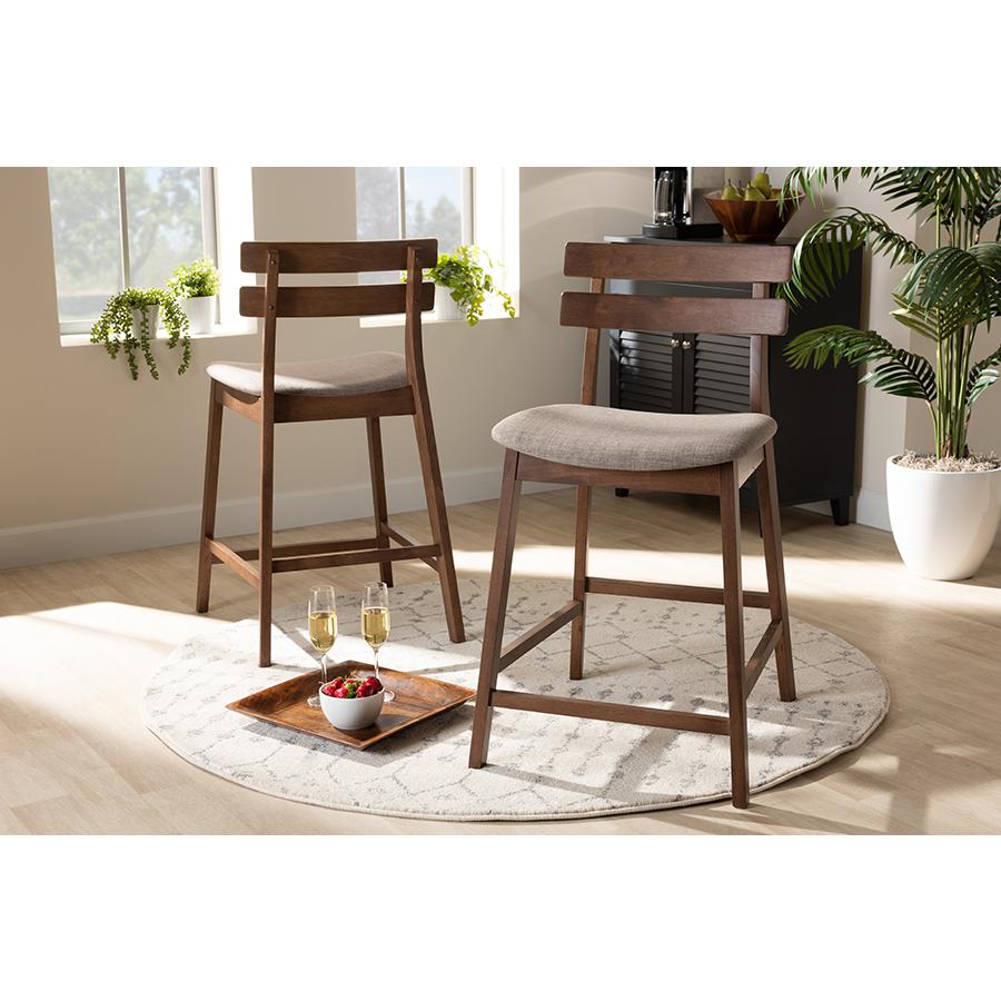 Light Grey Fabric Upholstered Walnut Finished 2-Piece Wood Counter Stool Set. Picture 19