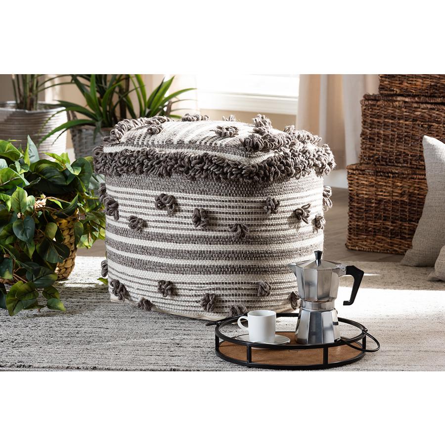 Eligah Moroccan Inspired Ivory and Brown Handwoven Wool Pouf Ottoman. Picture 13