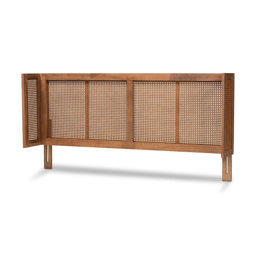 Ash Wanut Finished Wood and Synthetic Rattan Queen Size Wrap-Around Headboard. Picture 1