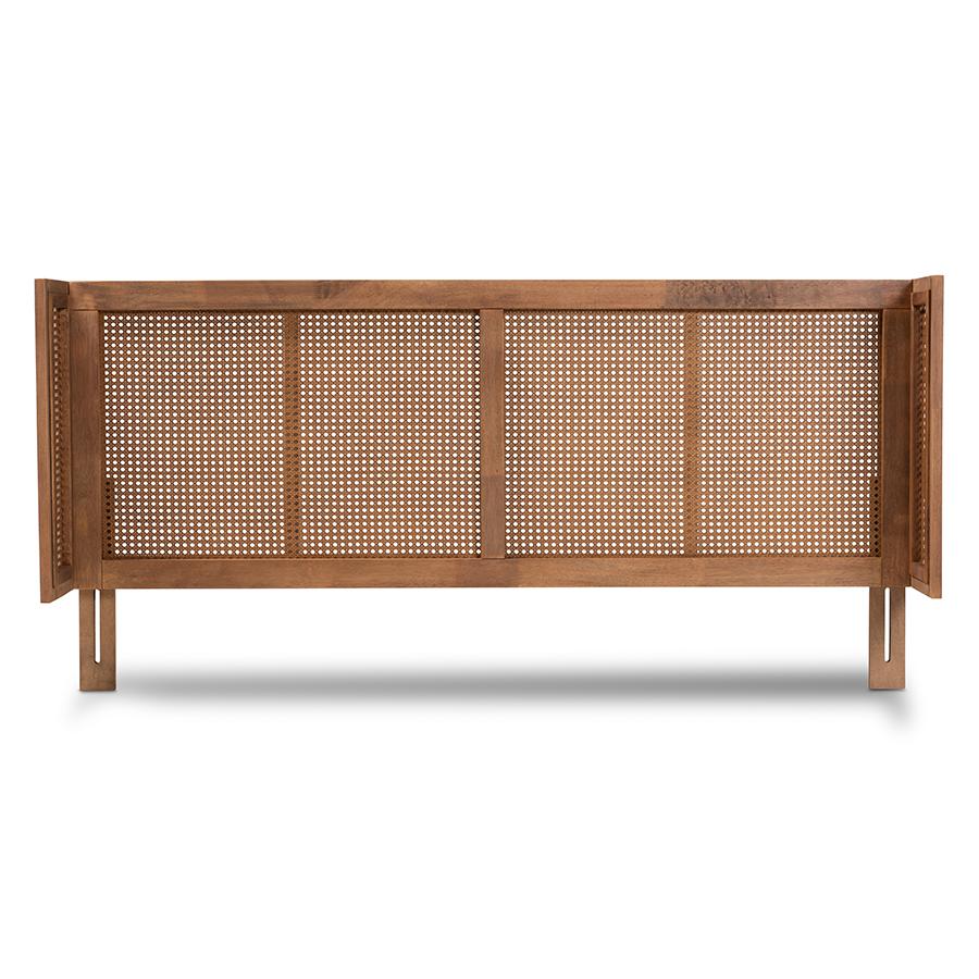 Ash Wanut Finished Wood and Synthetic Rattan Queen Size Wrap-Around Headboard. Picture 2