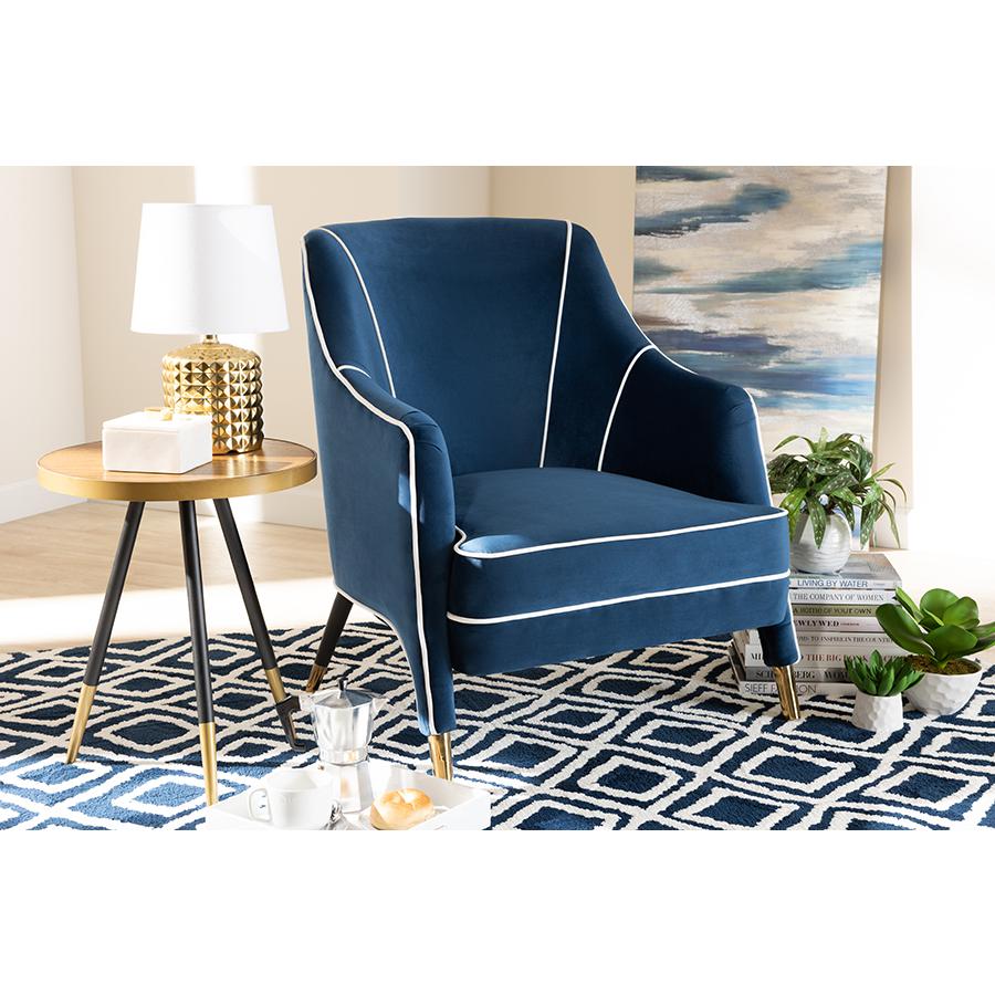 Luxe Navy Blue Velvet Fabric Upholstered Gold Finished Armchair. Picture 19