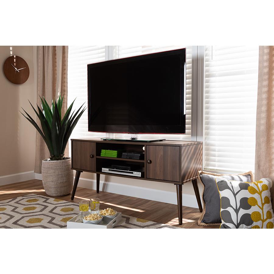 Baxton Studio Alard Mid-Century Modern Walnut Brown Finished 2-Door Wood TV Stand. Picture 11